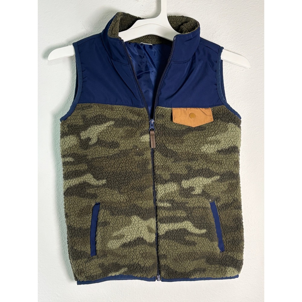 Carters Kid Boys Camo Sherpa Fleece Vest Navy Blue Green Size 10 Zip Up